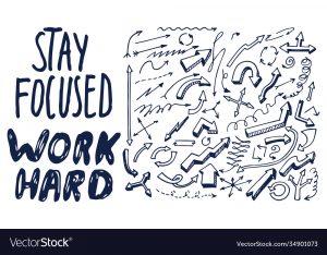Stay focused, work hard motivational phrase, poster with inspiration phrase, hand drawn arrows